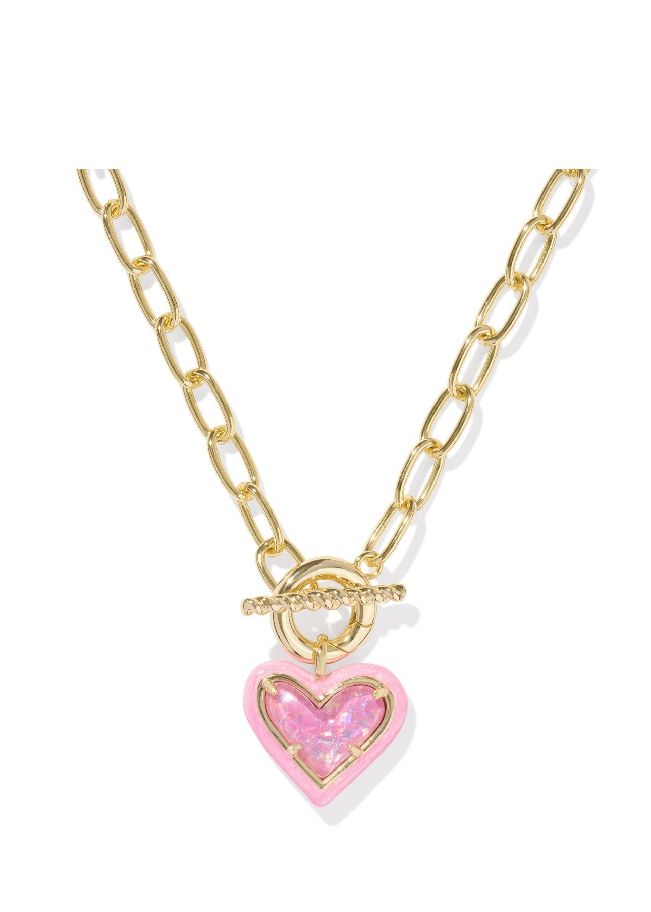 Ari Pink Iridescent Glitter Glass Heart Enamel Frame Gold Link Necklace