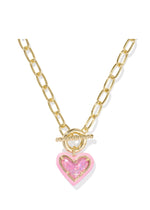 Load image into Gallery viewer, Ari Pink Iridescent Glitter Glass Heart Enamel Frame Gold Link Necklace
