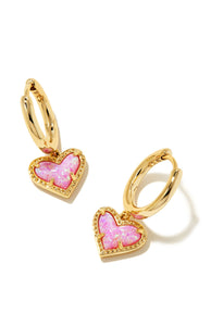 Ari Bubblegum Pink Kyocera Opal Heart Gold Huggie Earrings