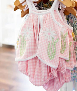 Angel Dear Pink Mini Gingham Swing Front Sunsuit With Applique