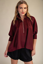 Load image into Gallery viewer, Taken By You Burgundy Gold Zip Blouse
