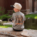 Load image into Gallery viewer, Burlebo Youth Short Sleeve Tee - Camo Duck Dogs - Dark Heather Grey
