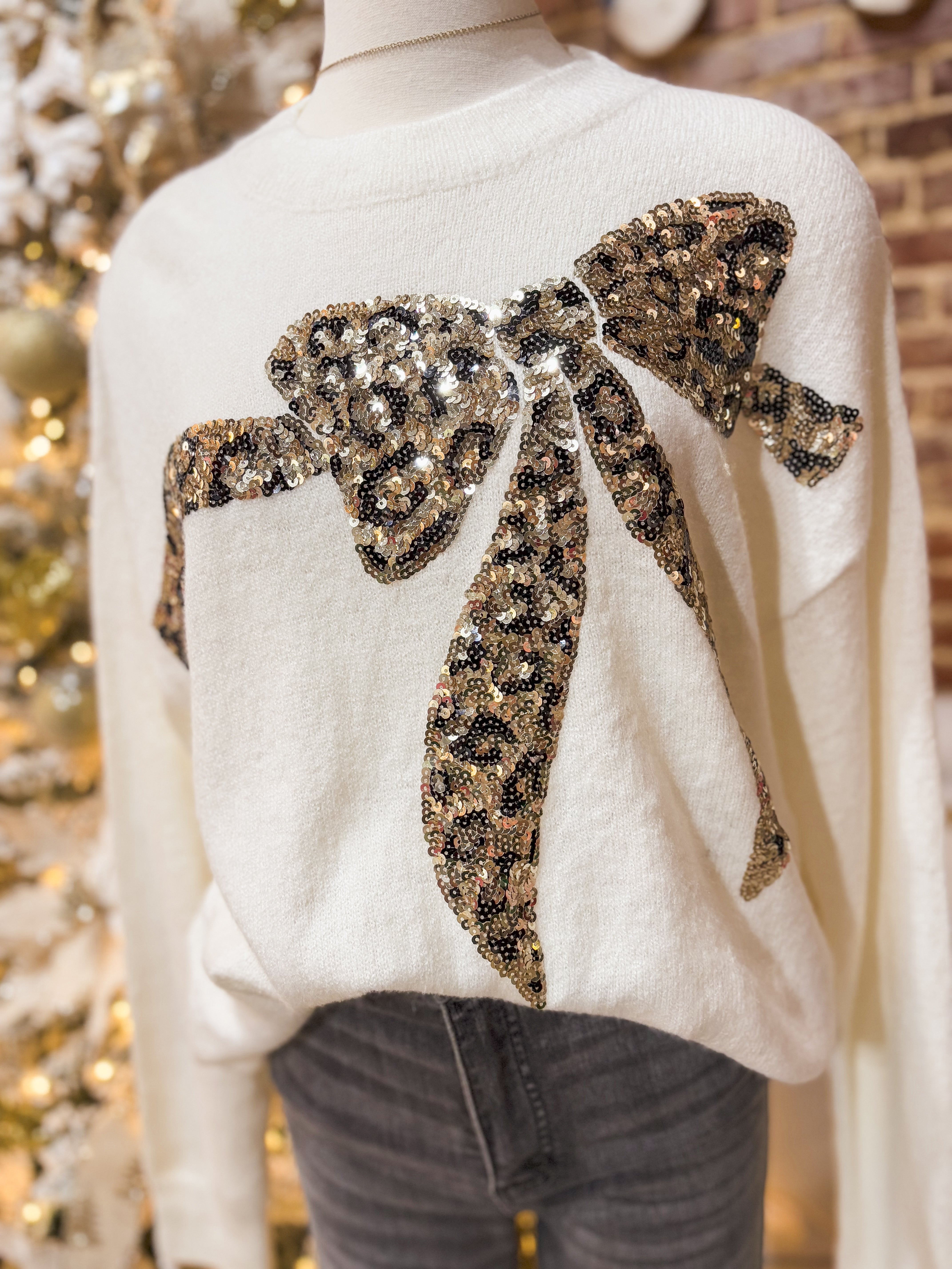 Reminder Of You Leopard Sequin Cream Bow Sweater