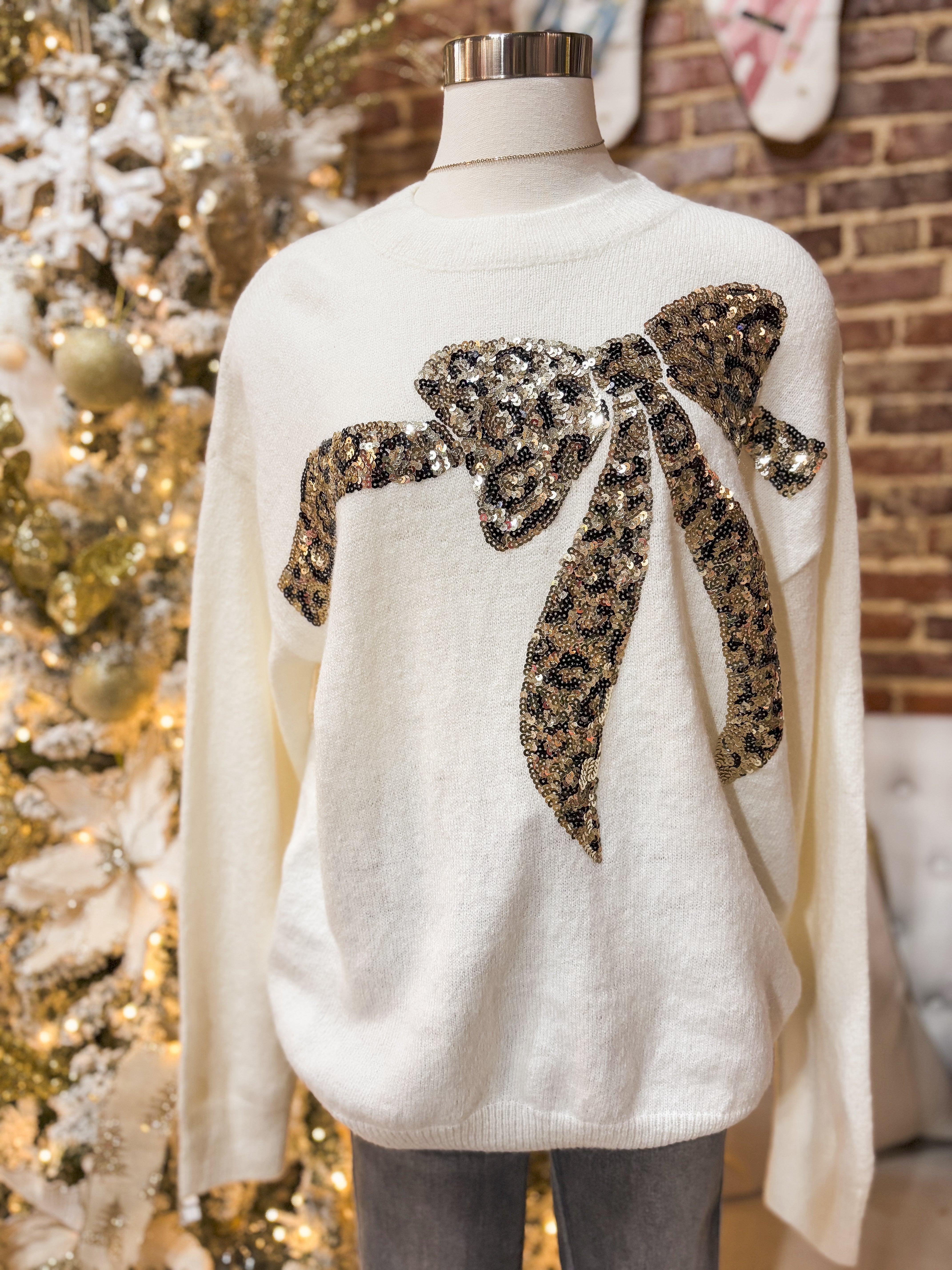 Reminder Of You Leopard Sequin Cream Bow Sweater