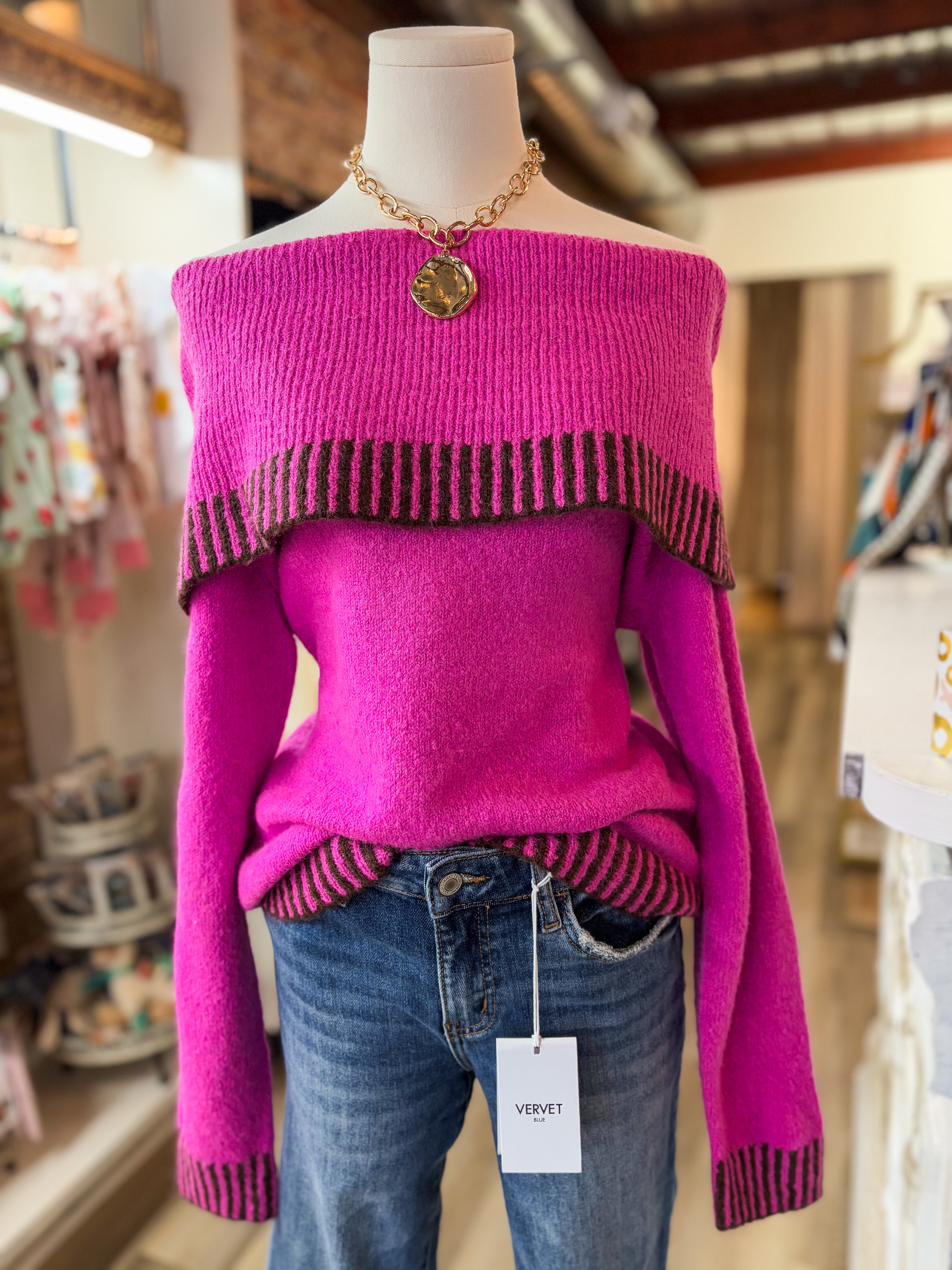 Faith In You Magenta Contrast Cold Shoulder Sweater