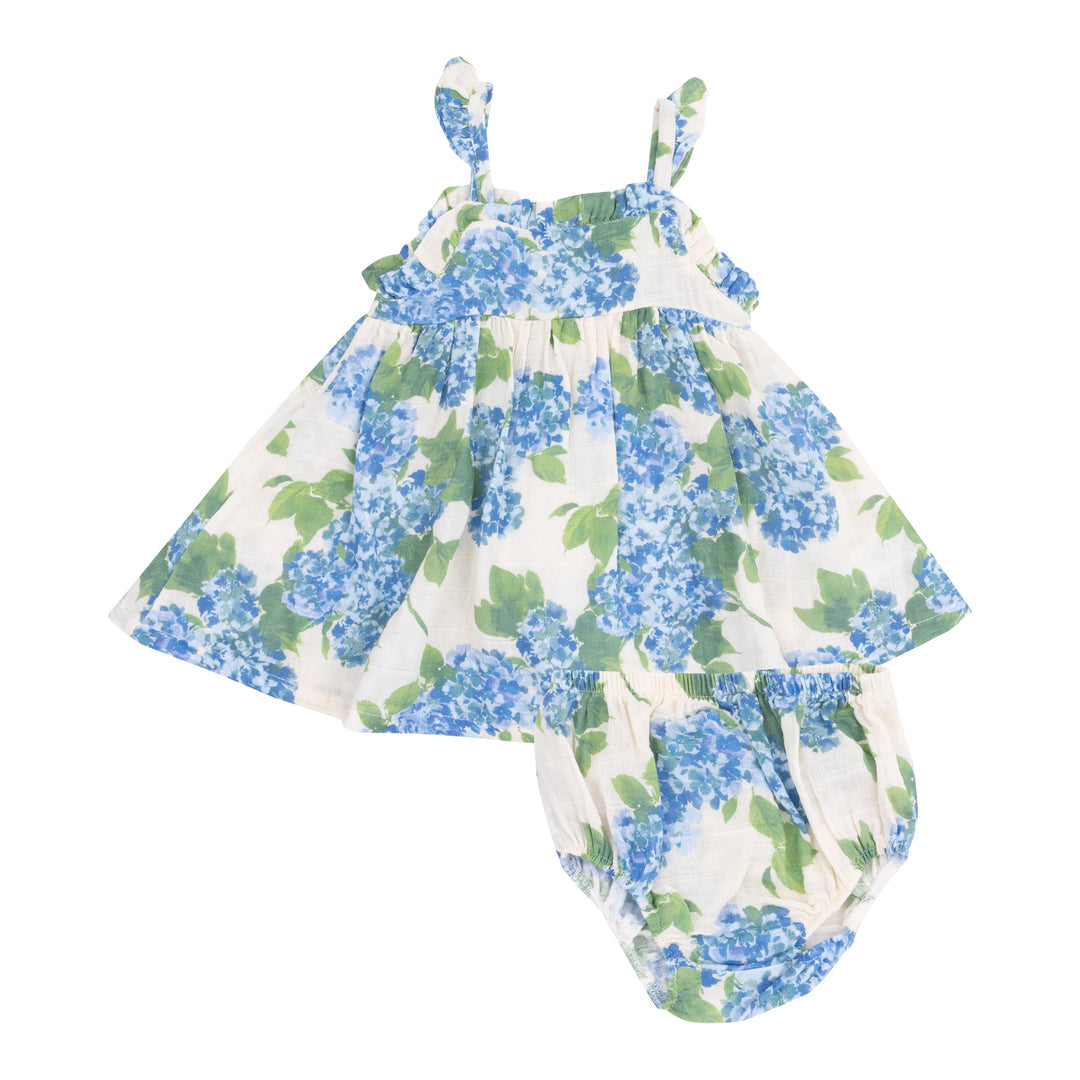 Angel Dear Watercolor Hydrangeas Paper bag Ruffled Sundress With Diaper cover.