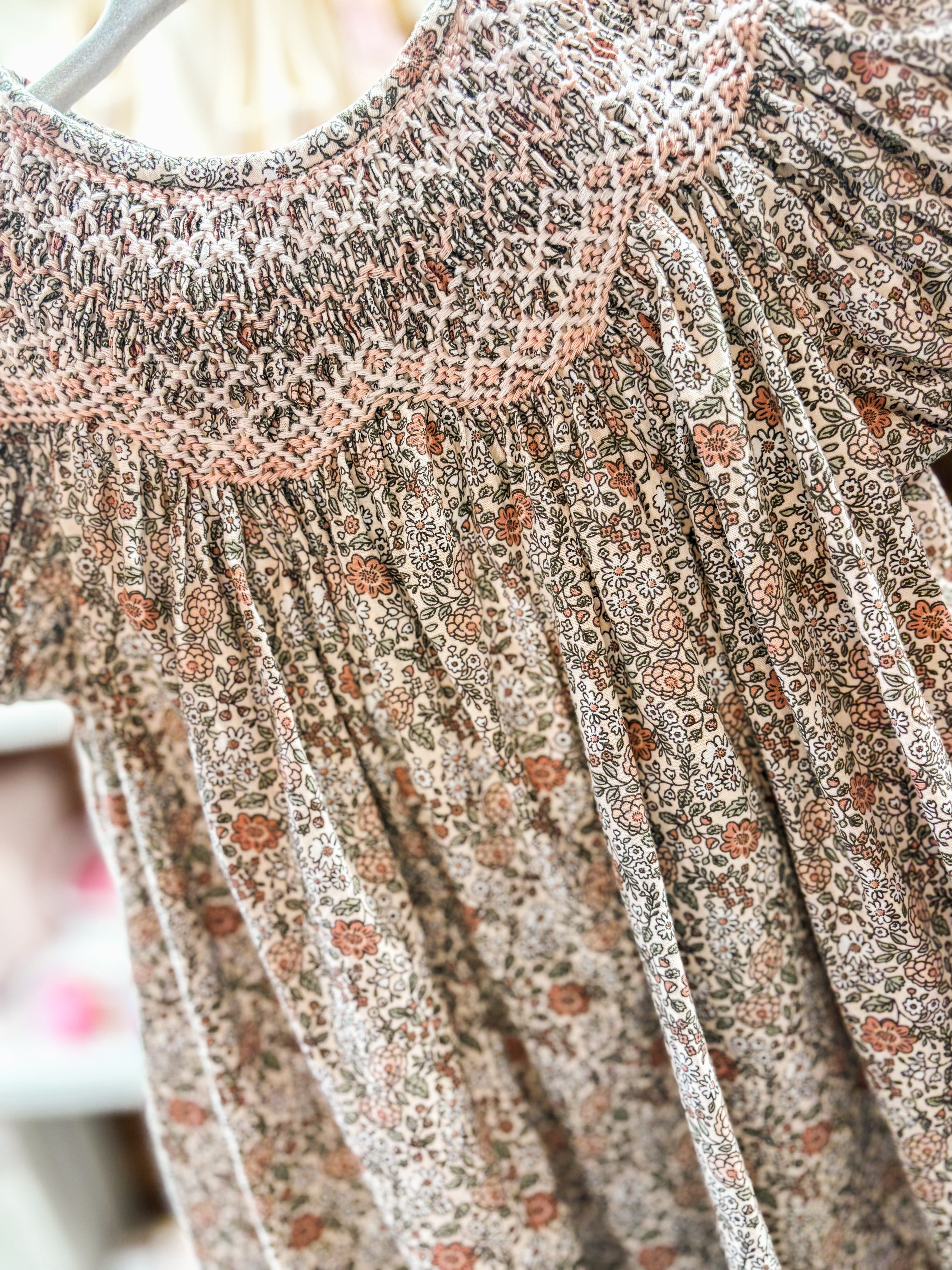 Sweet Dreams Sabrina Peach Pink Floral Print Smocked Dress