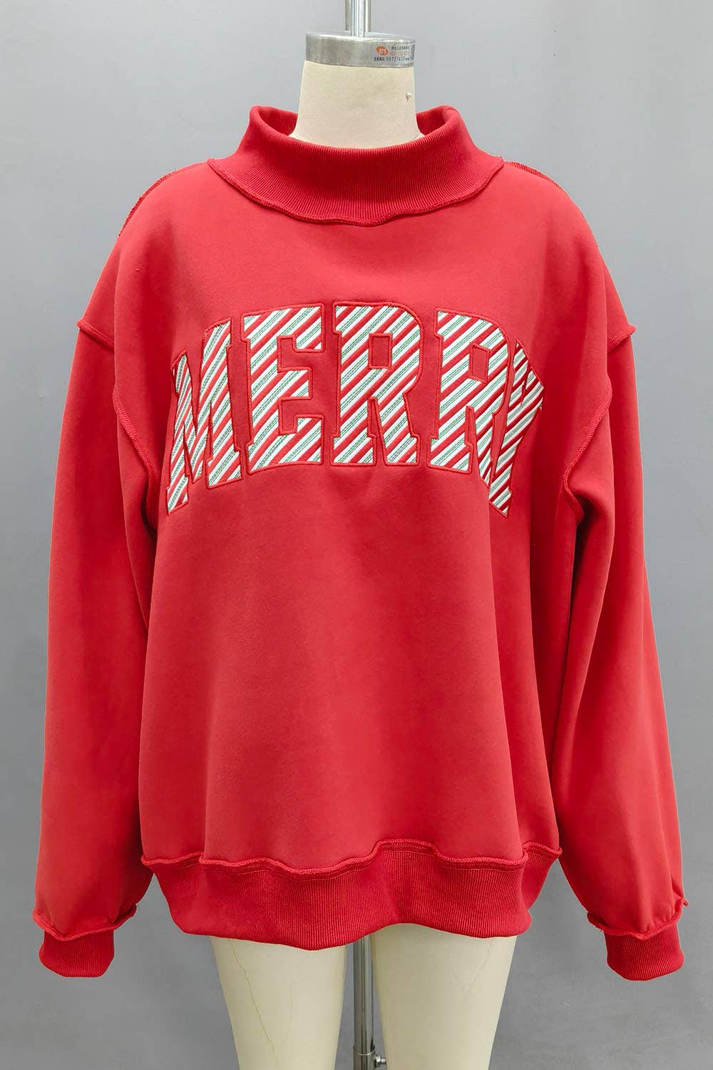 Red "Merry" Embroidered Mock Neck Sweatshirt