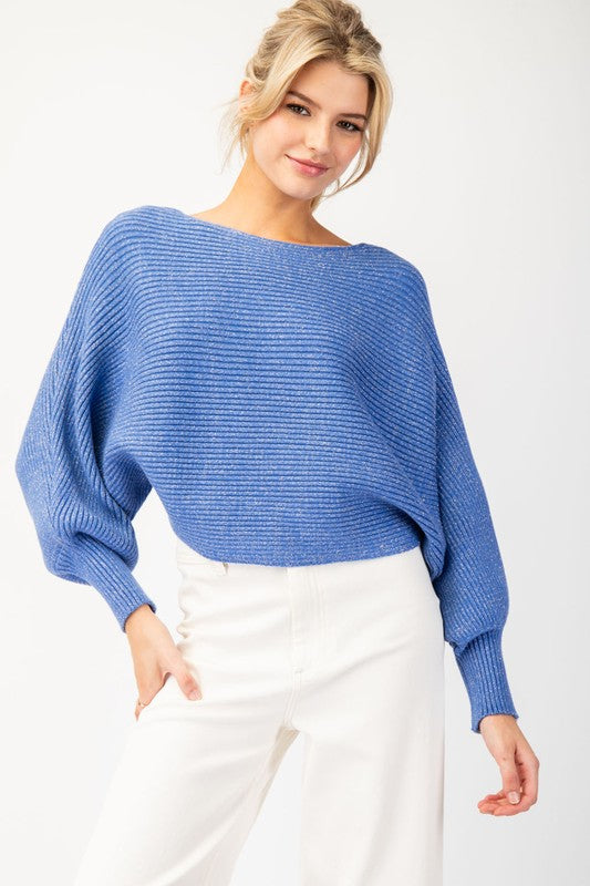 Keep Shining Blue Metallic Knit Pico Sweater