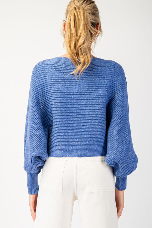 Keep Shining Blue Metallic Knit Pico Sweater
