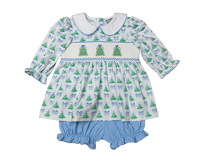 Girls Christmas Tree Smocked Bloomer Set