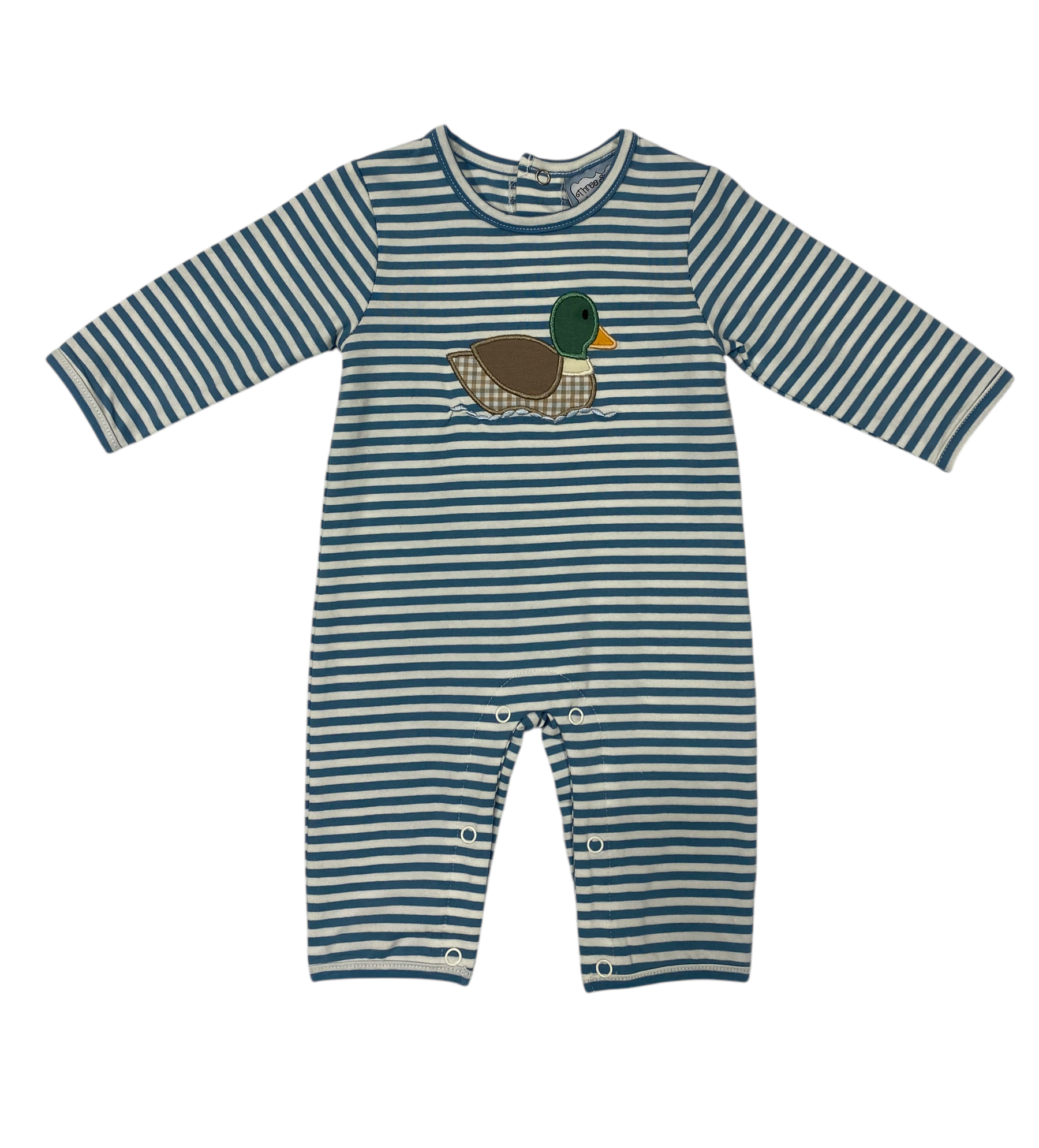 Boys Blue and White Striped Duck Applique Romper