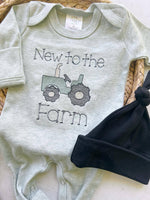 Load image into Gallery viewer, Baby Sage Romper | Baby Boy Outfit - Tractor New To The Farm
