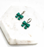 Load image into Gallery viewer, Green Quilted Bow Coquette Huggie Hoops Holiday Earrings
