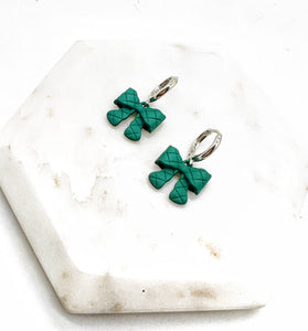 Green Quilted Bow Coquette Huggie Hoops Holiday Earrings