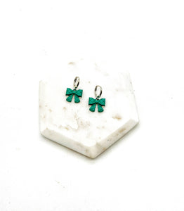 Green Quilted Bow Coquette Huggie Hoops Holiday Earrings