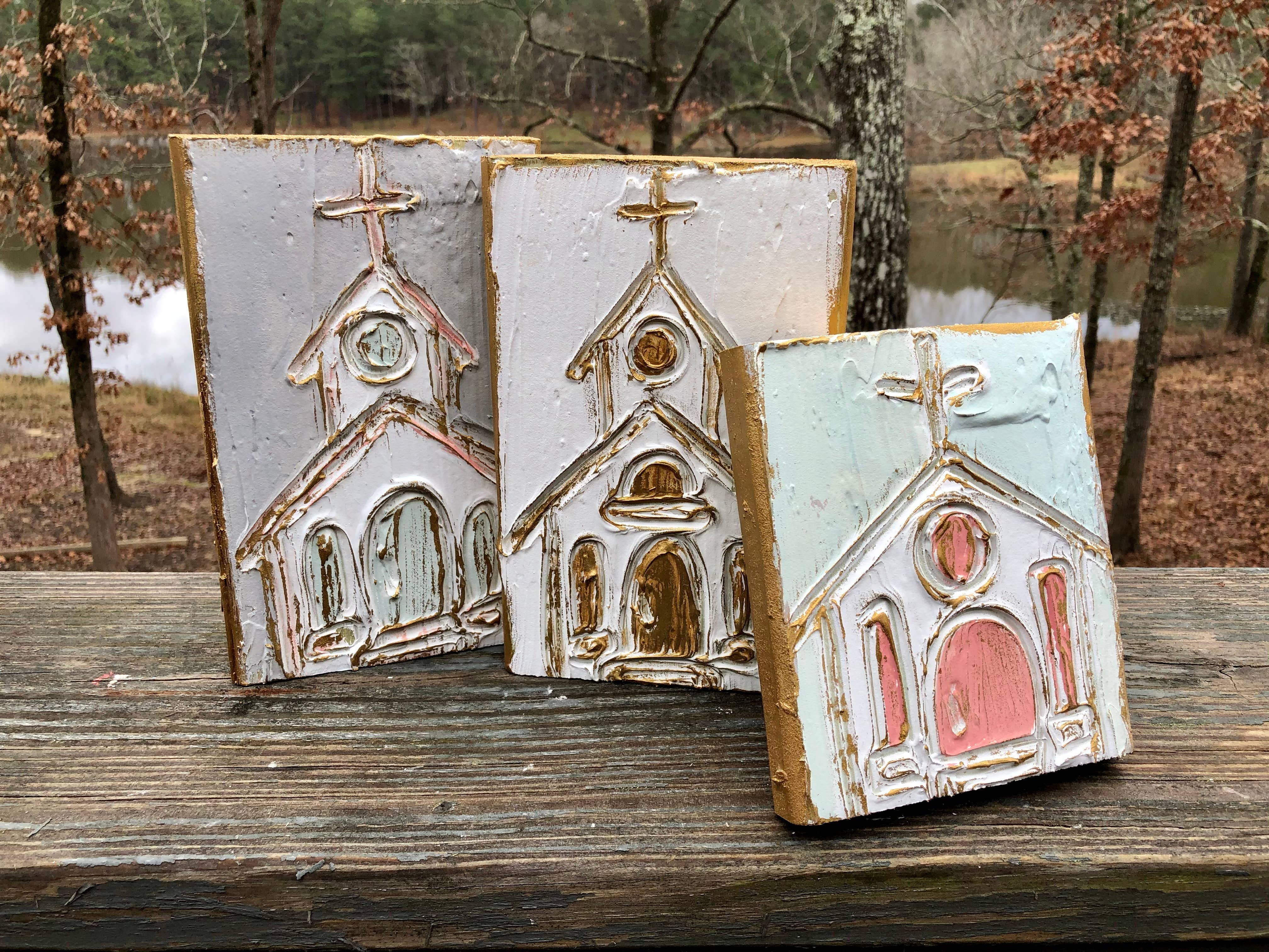 Hand Painted Church Textured Wood Block | 5x7