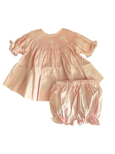 Baby Girl Pink Smocked Cross Bloomer Set