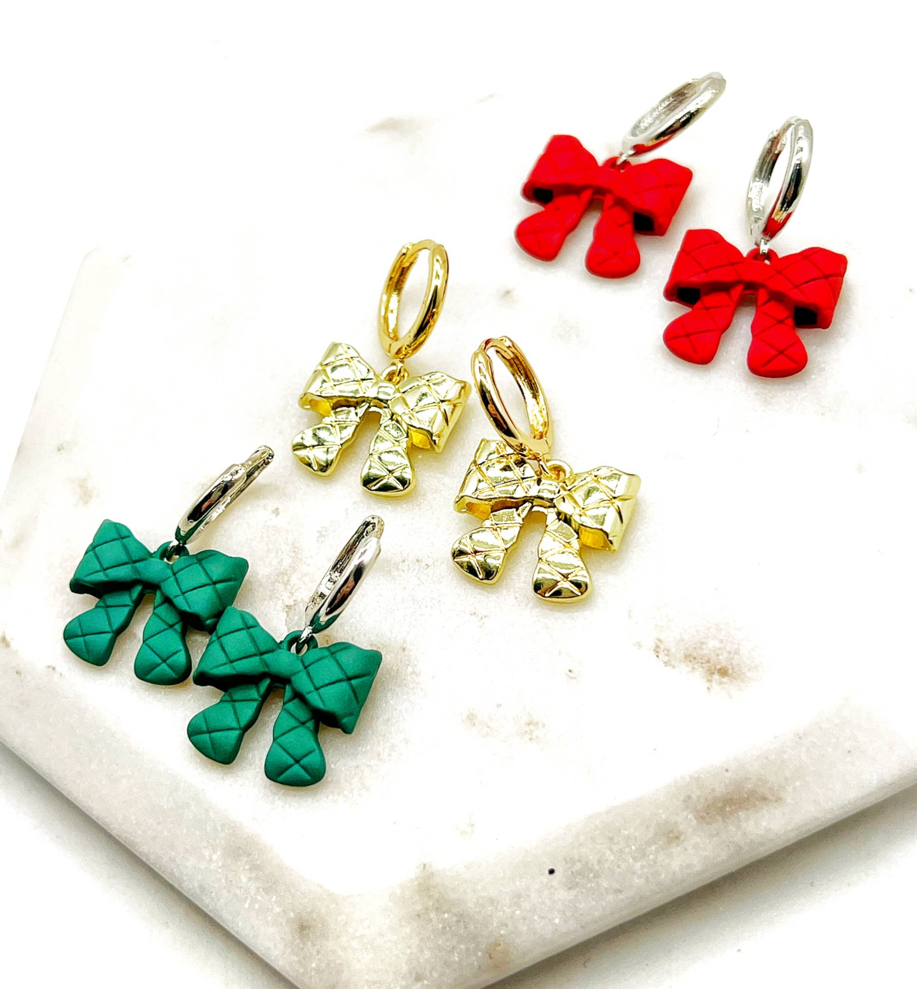 Green Quilted Bow Coquette Huggie Hoops Holiday Earrings