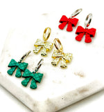 Load image into Gallery viewer, Green Quilted Bow Coquette Huggie Hoops Holiday Earrings
