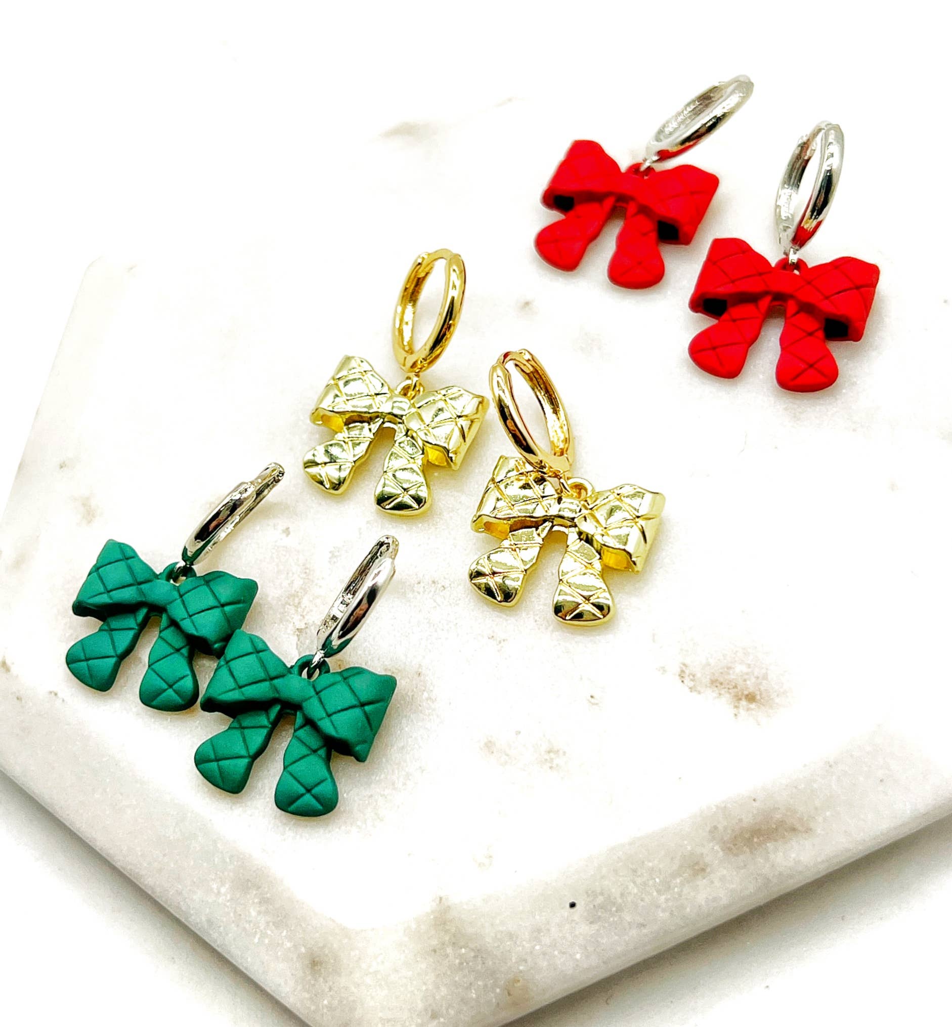 Gold Quilted Bow Coquette Huggie Hoops Holiday Earrings