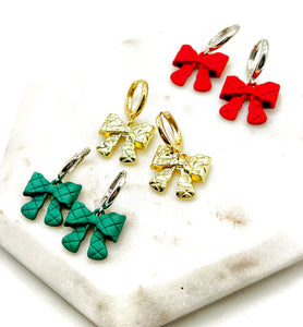 Gold Quilted Bow Coquette Huggie Hoops Holiday Earrings
