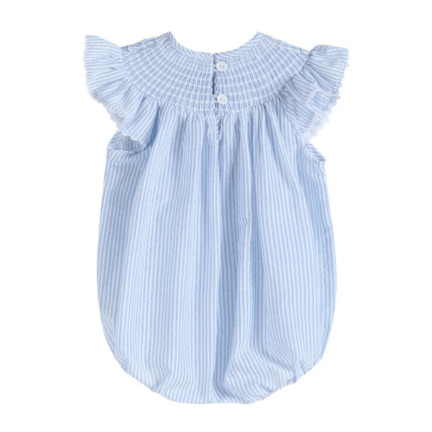 Baby Girl Blue Seersucker Bunny Smocked Flutter Romper