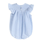 Load image into Gallery viewer, Baby Girl Blue Seersucker Bunny Smocked Flutter Romper
