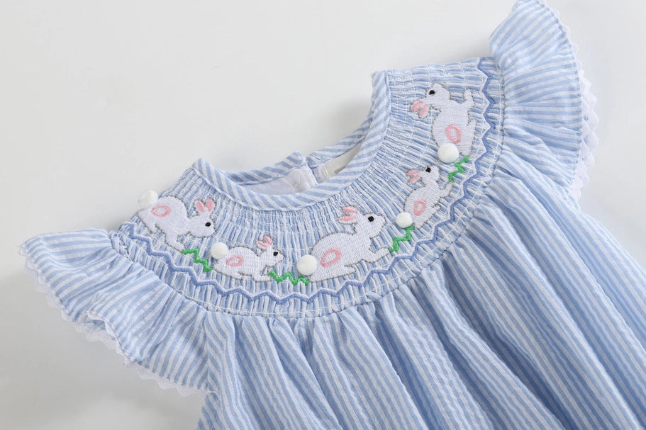 Baby Girl Blue Seersucker Bunny Smocked Flutter Romper