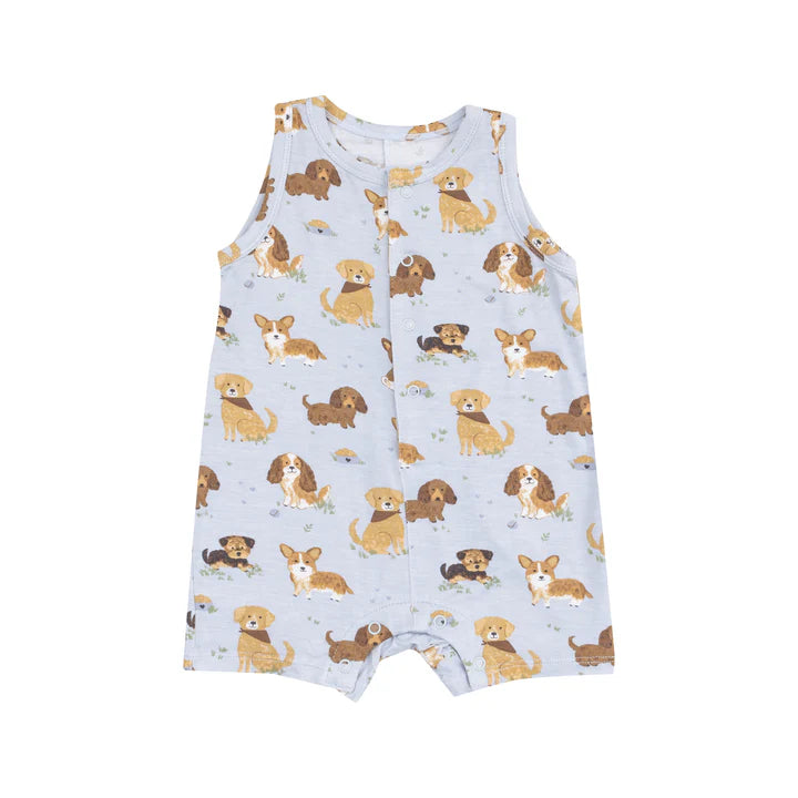 Angel Dear Sleeveless Shortie Romper- Best Friend Dogs Blue