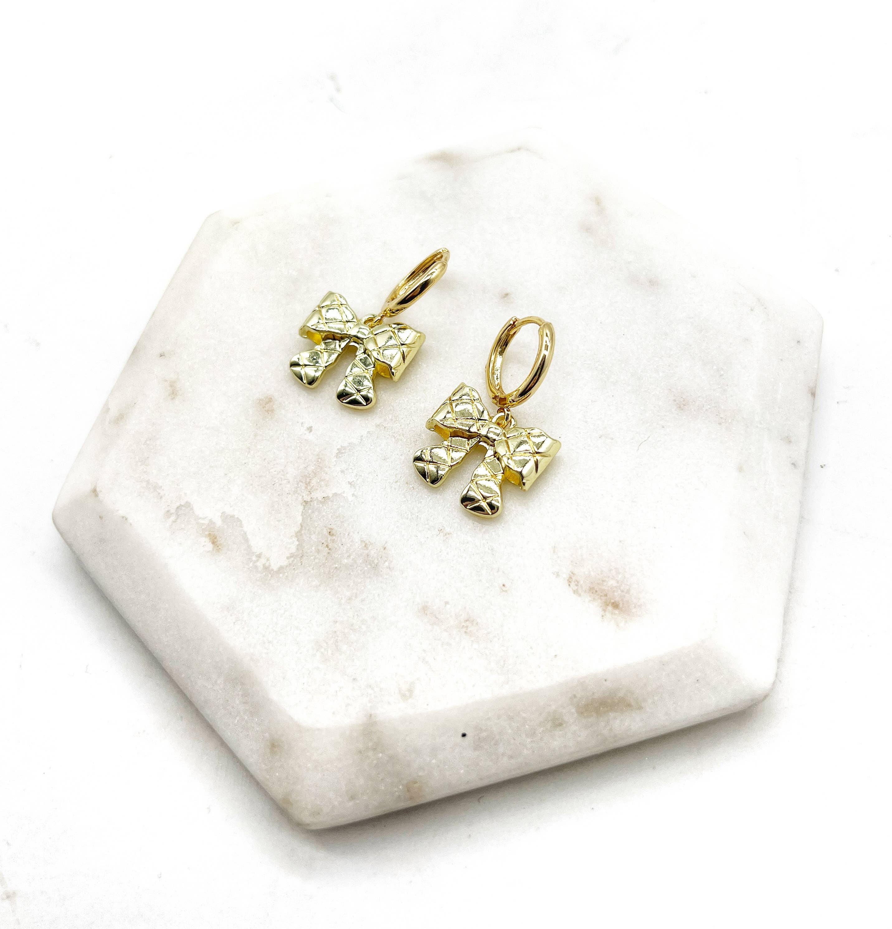 Gold Quilted Bow Coquette Huggie Hoops Holiday Earrings