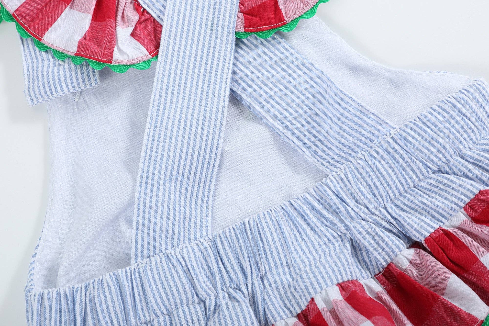 Light Blue Seersucker and Gingham Watermelon Ruffle Romper