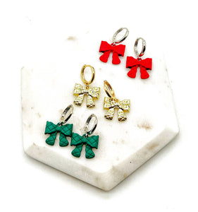Gold Quilted Bow Coquette Huggie Hoops Holiday Earrings