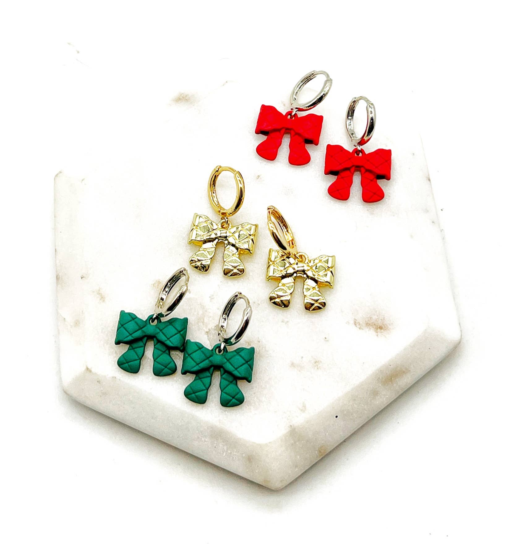 Green Quilted Bow Coquette Huggie Hoops Holiday Earrings