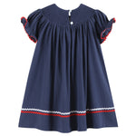 Load image into Gallery viewer, Navy Blue Santa Smocked Bishop Dress
