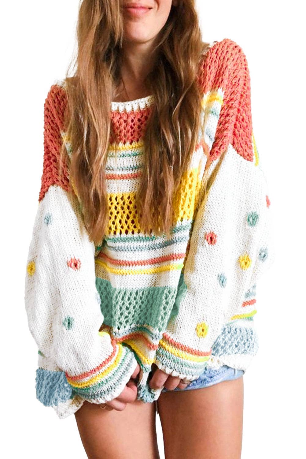 Hey There Multicolor Hollow Striped Knit Sweater
