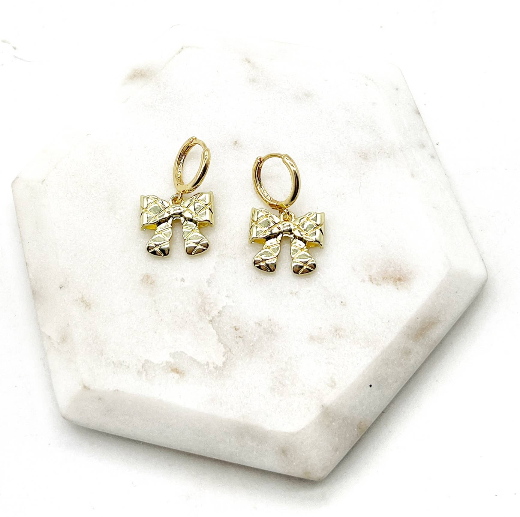 Gold Quilted Bow Coquette Huggie Hoops Holiday Earrings