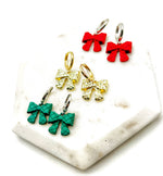 Load image into Gallery viewer, Green Quilted Bow Coquette Huggie Hoops Holiday Earrings
