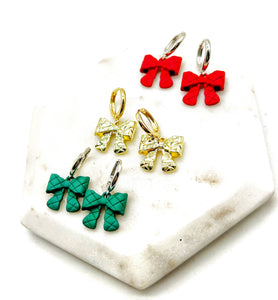 Green Quilted Bow Coquette Huggie Hoops Holiday Earrings