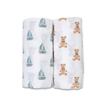 Load image into Gallery viewer, 2-pack Cotton Swaddles - Vintage Bears &amp; Sailboats
