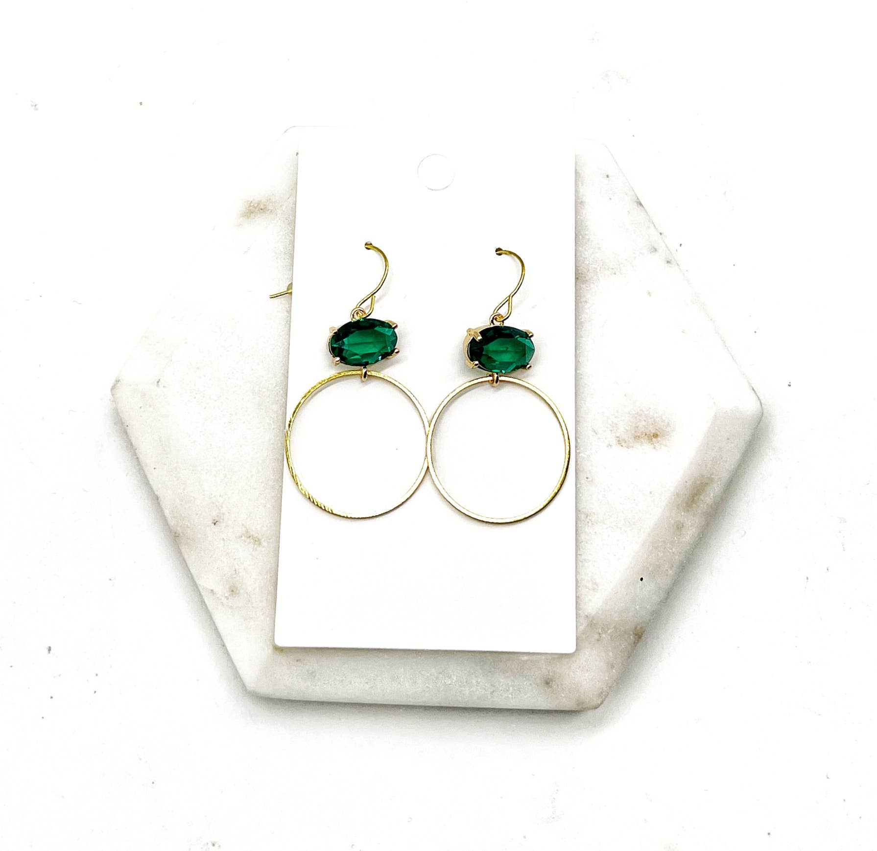 Emerald Green Gem Crystal Gold Hoop Statement Earrings