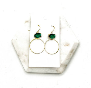 Emerald Green Gem Crystal Gold Hoop Statement Earrings