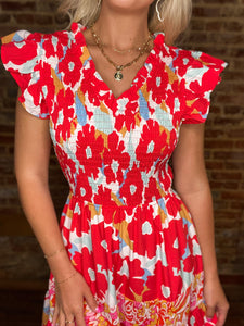 Don't Have To Try Red Floral Smocked Midi Dress