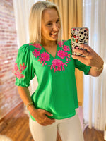 Load image into Gallery viewer, Let Me Decide Kelly Green Floral Embroidered THML Blouse
