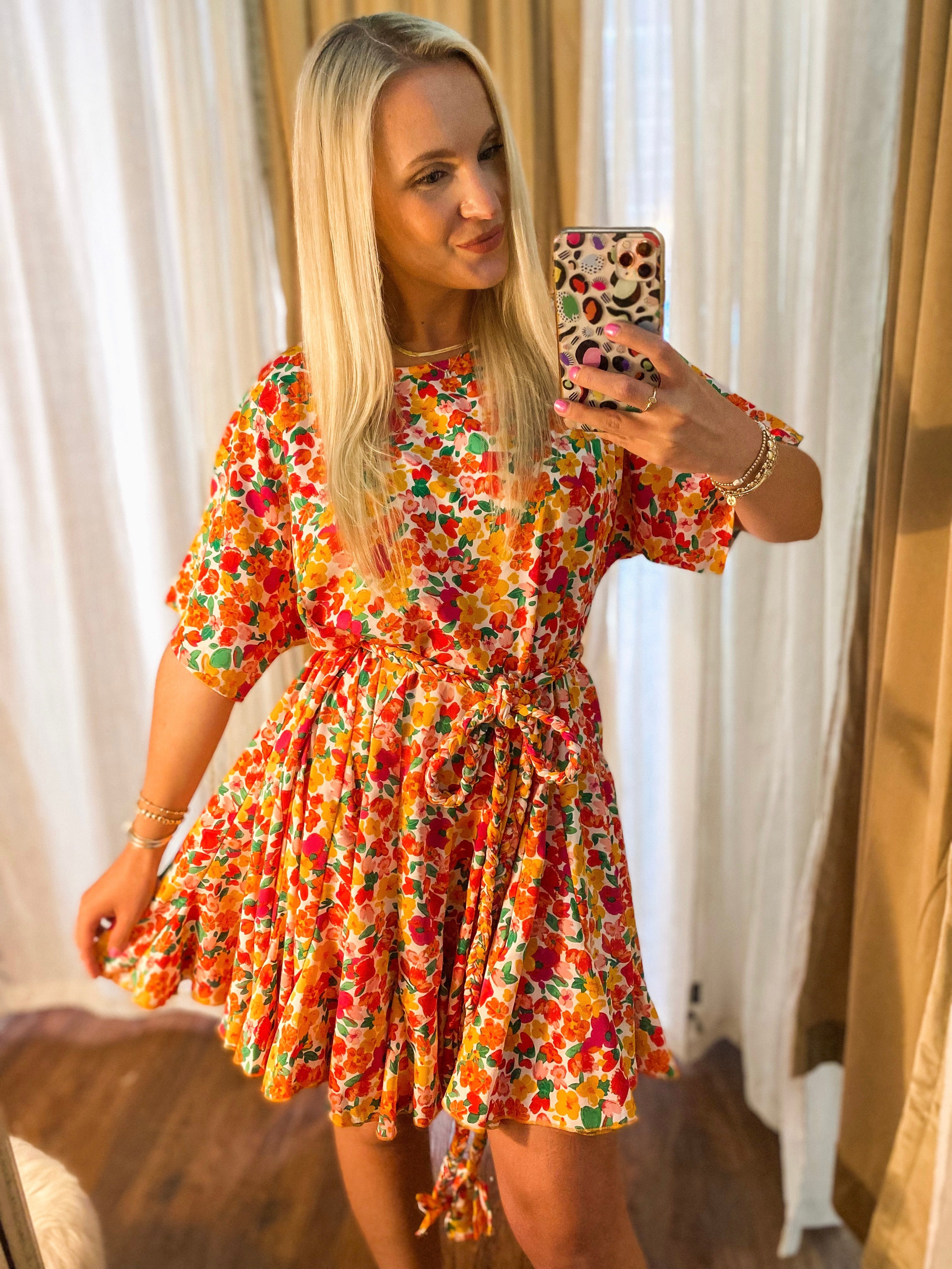 Waiting In The Wind Orange & Pink Floral Godet Pleated Dress