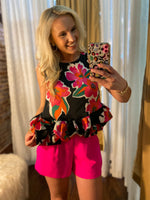 Load image into Gallery viewer, High Society Black &amp; Pink Foral Ruffle Bottom Sleeveless Blouse
