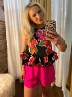 Load image into Gallery viewer, High Society Black &amp; Pink Foral Ruffle Bottom Sleeveless Blouse
