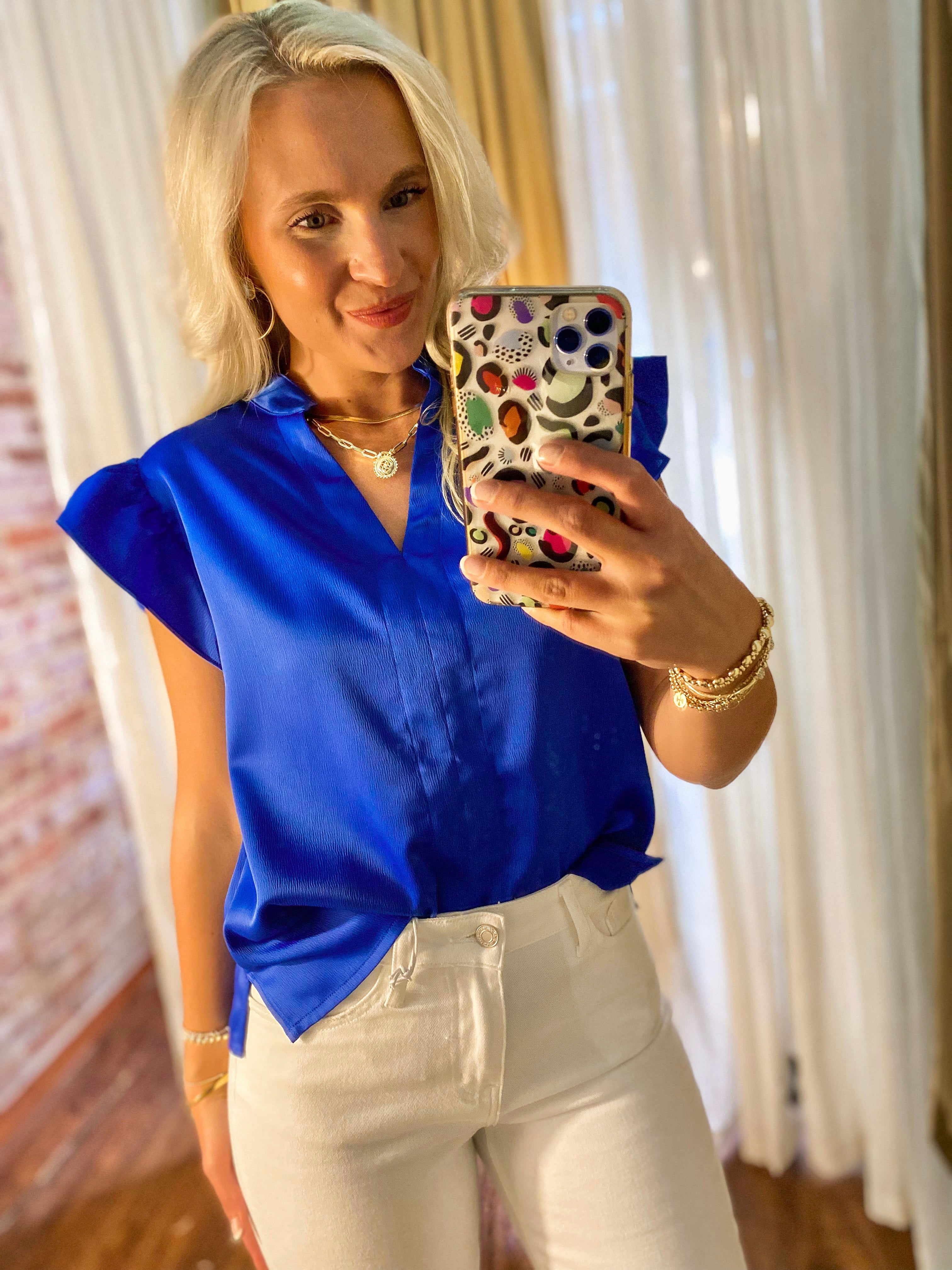Invited In Royal Blue Ruffle Sleeve Blouse