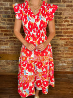 Load image into Gallery viewer, Don&#39;t Have To Try Red Floral Smocked Midi Dress
