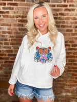 Load image into Gallery viewer, Wild Side Sequin Tiger Cropped White Hoodie
